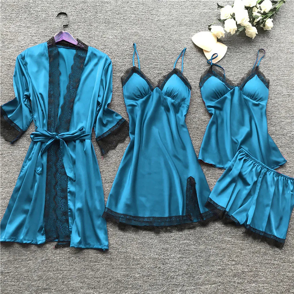 Satin Silk Women Lace Robe Dress